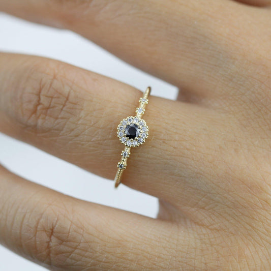 Simple engagement ring, diamond halo ring, unique black diamond ring | R 304 BD - NOOI JEWELRY