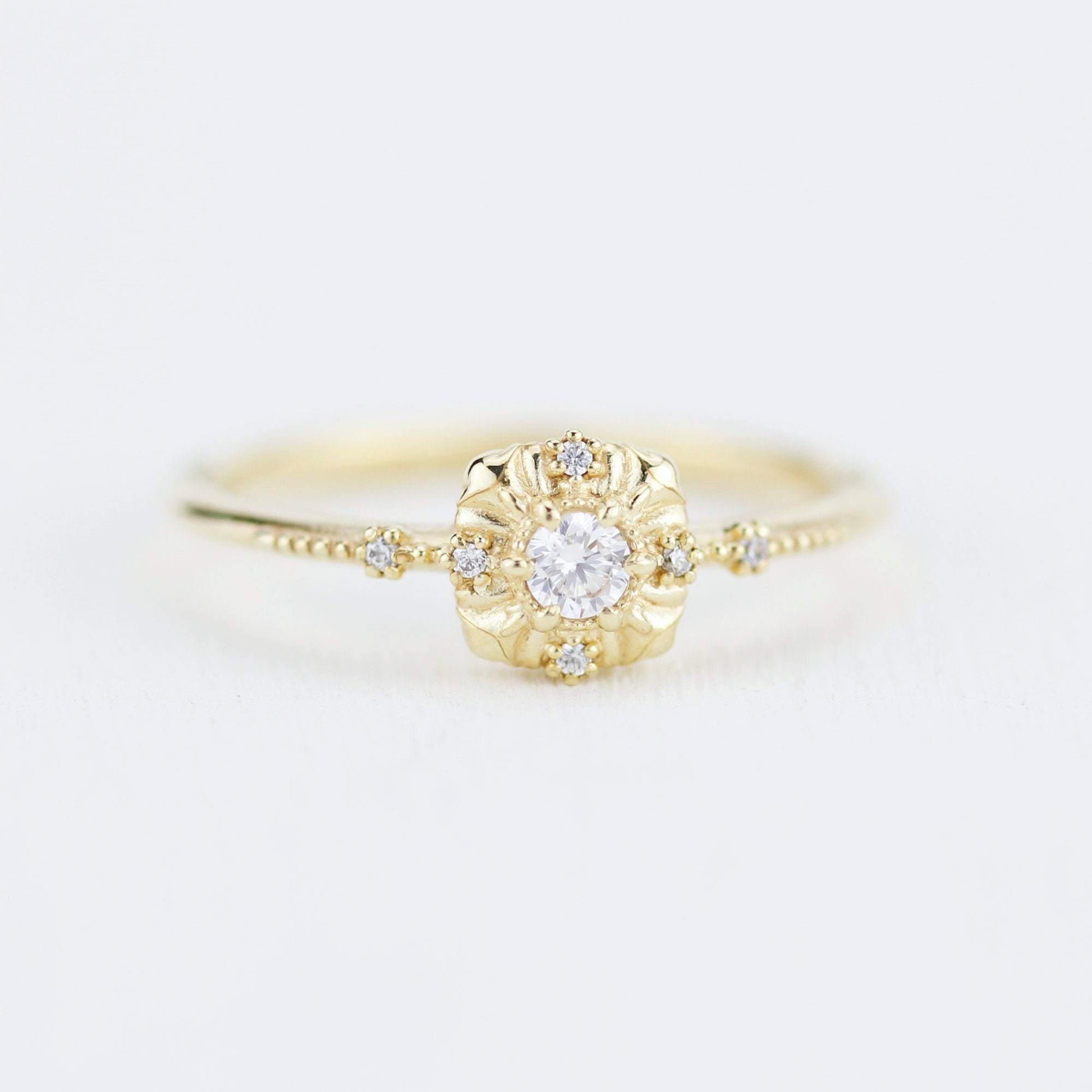 simple diamond rings engagement, unique round diamond engagement ring art deco | R 309WD - NOOI JEWELRY