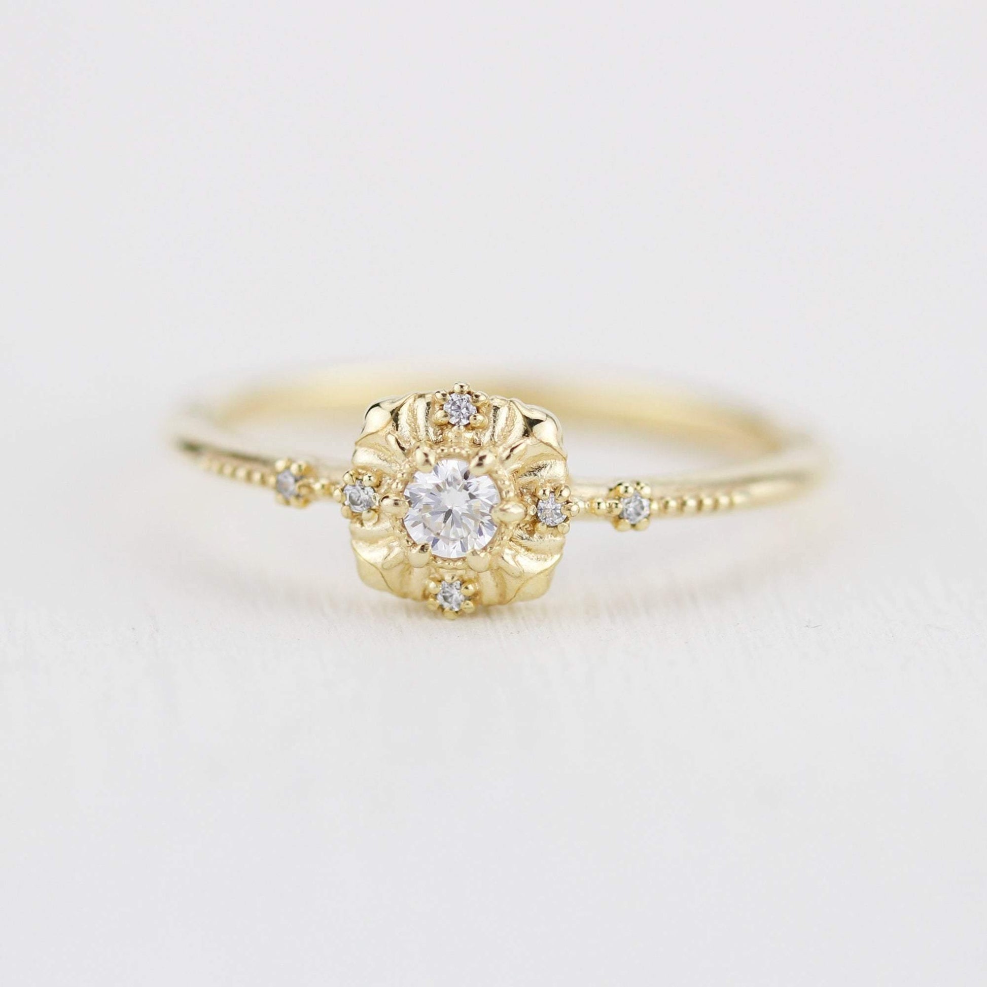 simple diamond rings engagement, unique round diamond engagement ring art deco | R 309WD - NOOI JEWELRY