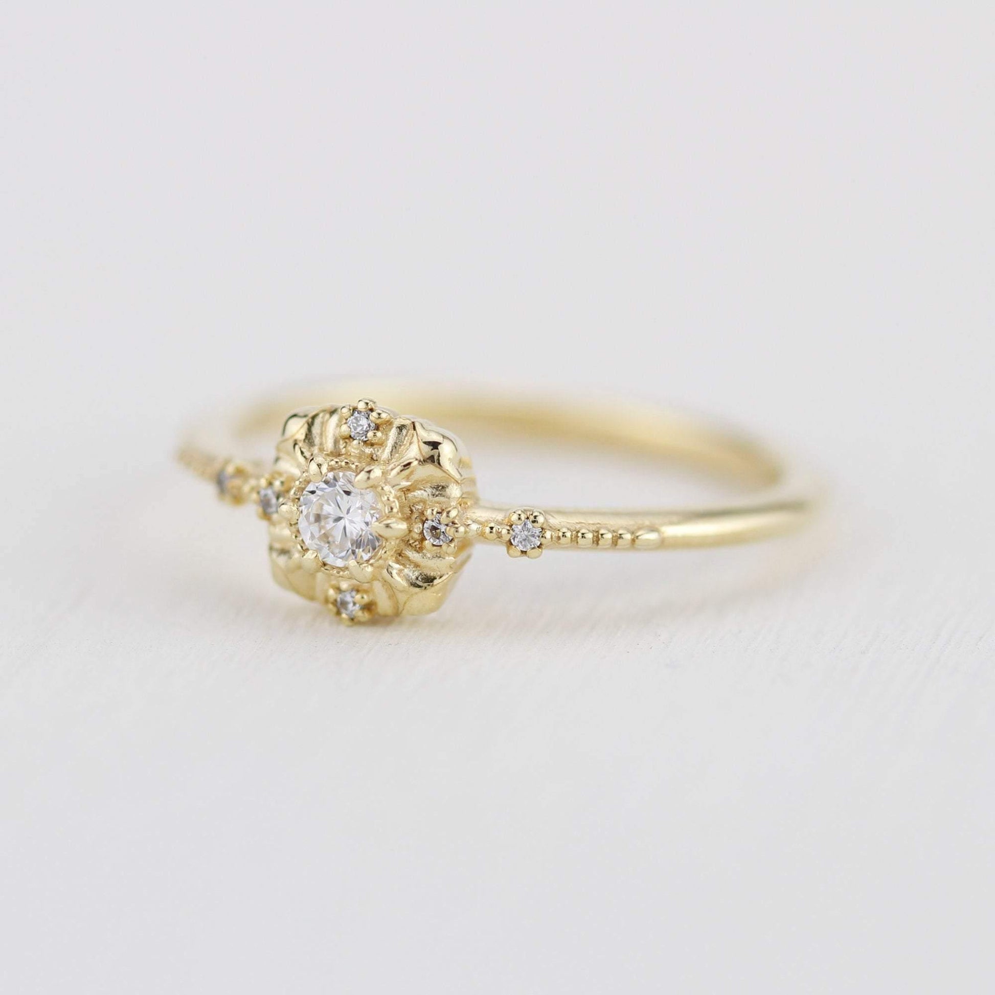 simple diamond rings engagement, unique round diamond engagement ring art deco | R 309WD - NOOI JEWELRY