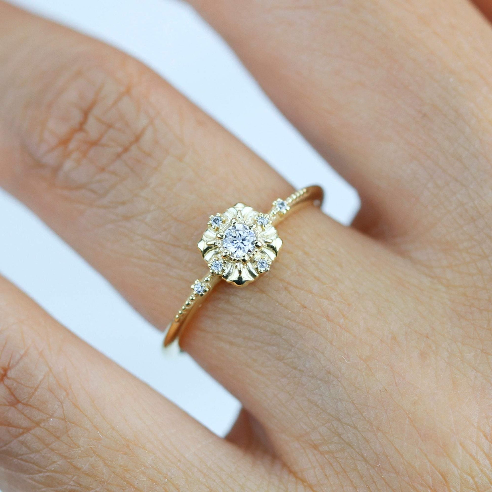 simple diamond rings engagement, unique round diamond engagement ring art deco | R 309WD - NOOI JEWELRY