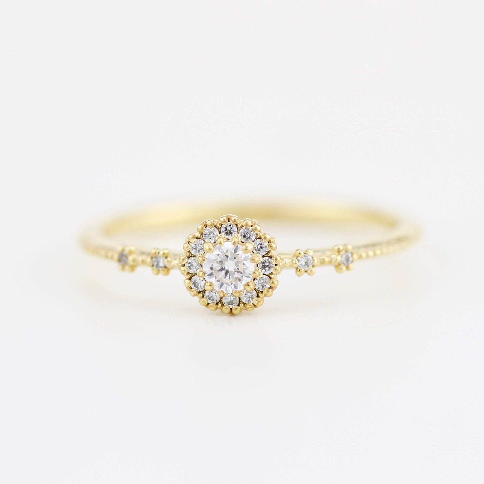 Delicate diamond ring simple |  halo engagement ring white diamond | R304WD - NOOI JEWELRY
