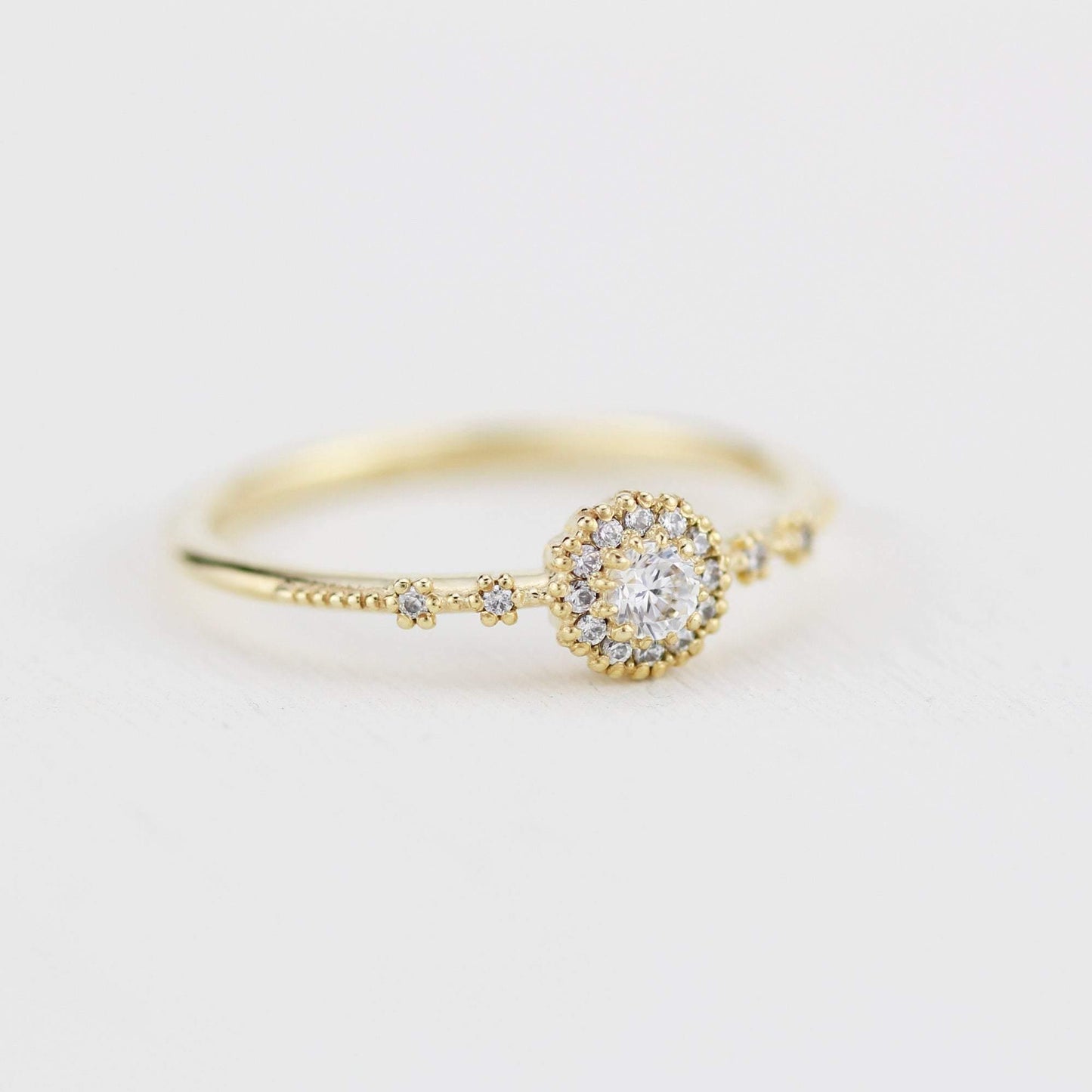 Delicate diamond ring simple |  halo engagement ring white diamond | R304WD - NOOI JEWELRY
