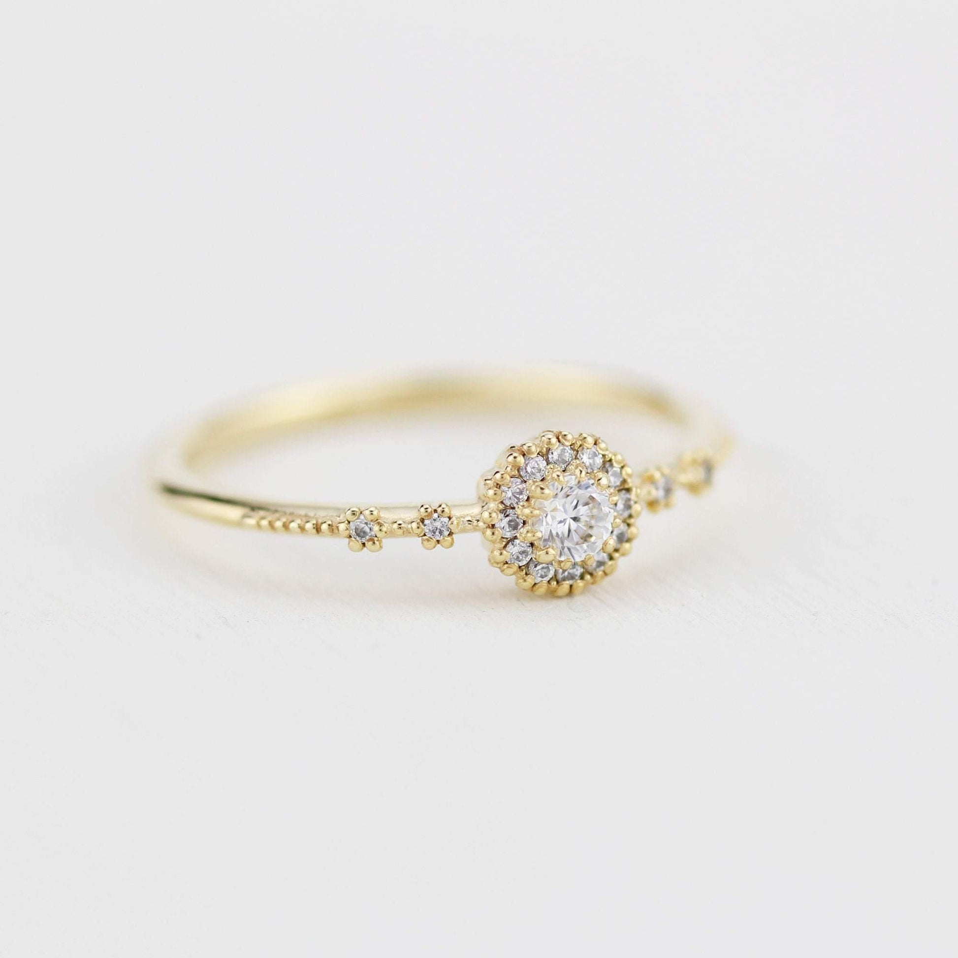 Delicate diamond ring simple |  halo engagement ring white diamond | R304WD - NOOI JEWELRY