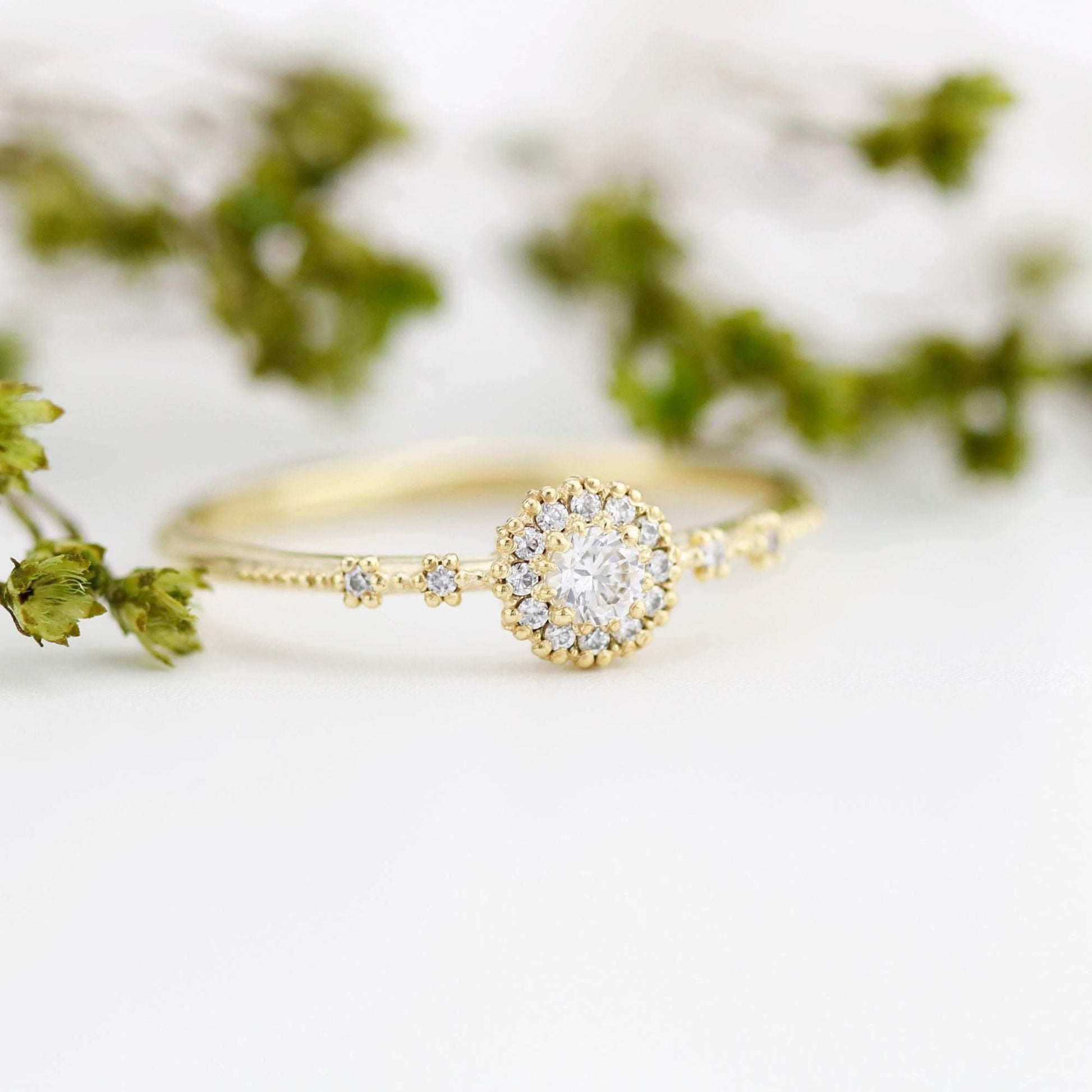 Delicate diamond ring simple |  halo engagement ring white diamond | R304WD - NOOI JEWELRY