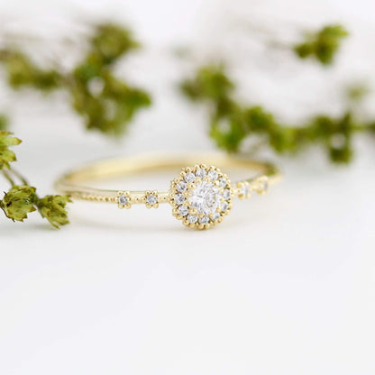 Delicate diamond ring simple |  halo engagement ring white diamond | R304WD - NOOI JEWELRY