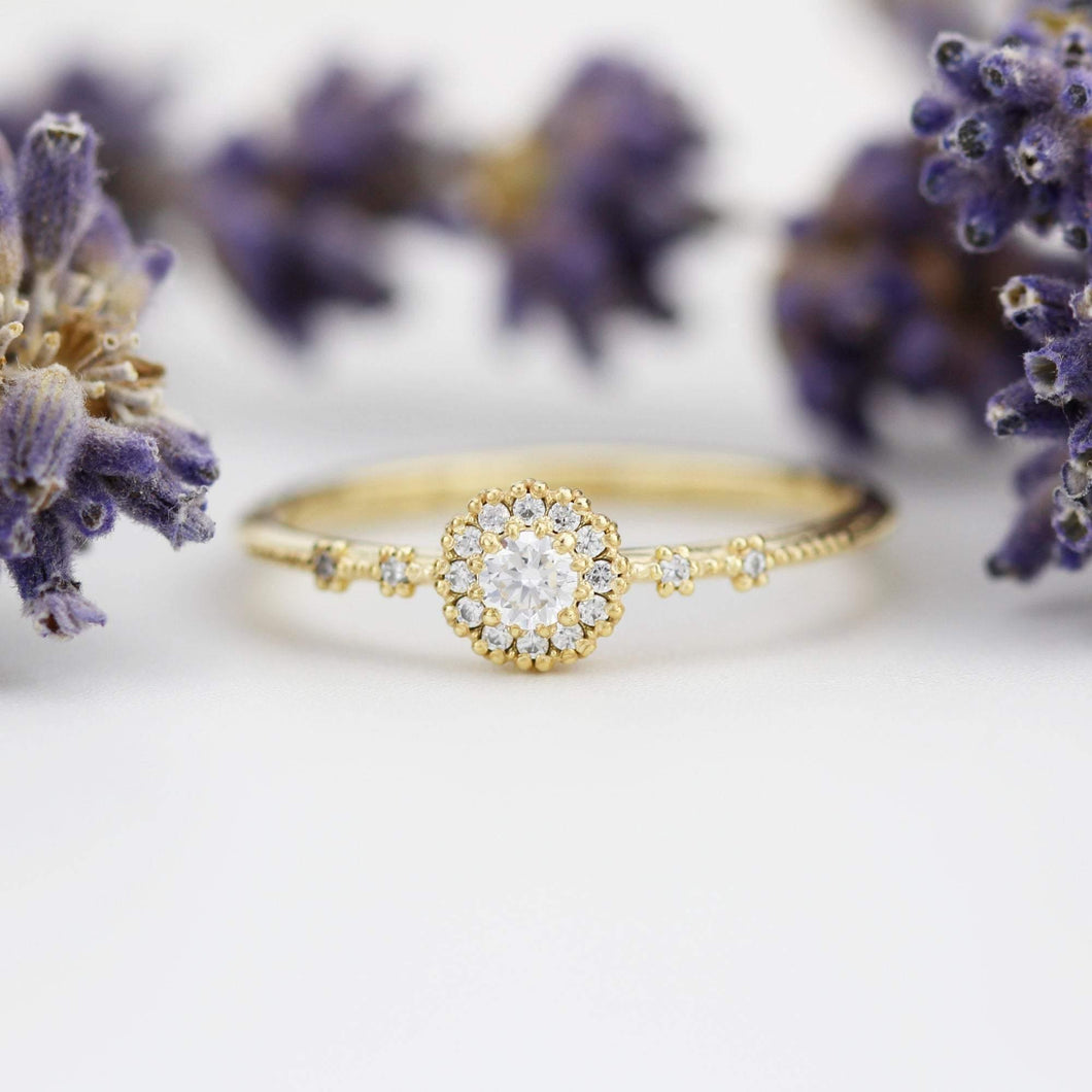 Delicate diamond ring simple |  halo engagement ring white diamond | R304WD - NOOI JEWELRY