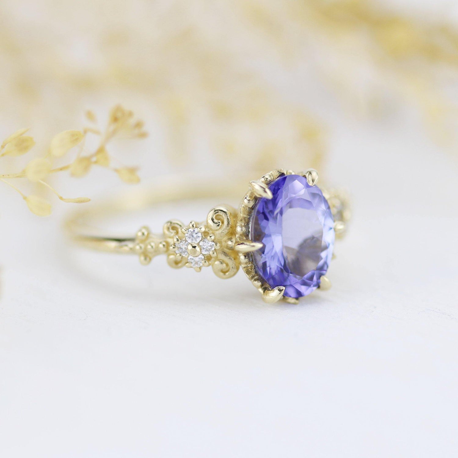Tanzanite Engagement ring, Oval engagement ring, vintage engagement ring R 265TW - NOOI JEWELRY
