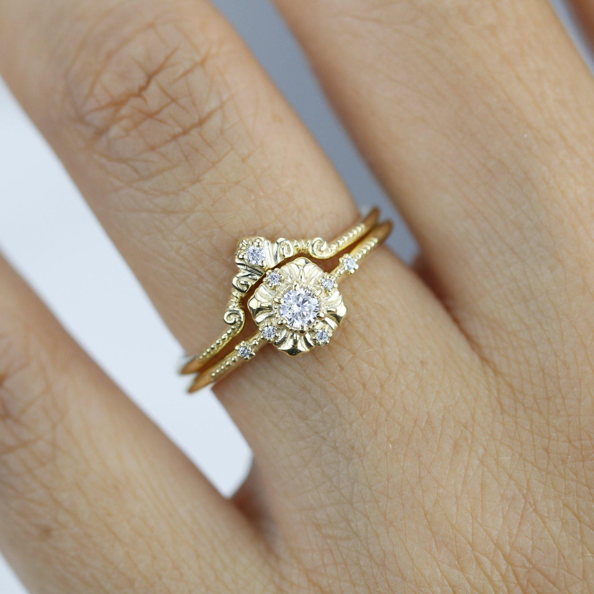 bridal set, engagement and wedding ring set vintage unique, wedding ring sets stacked simple | R309310WD - NOOI JEWELRY