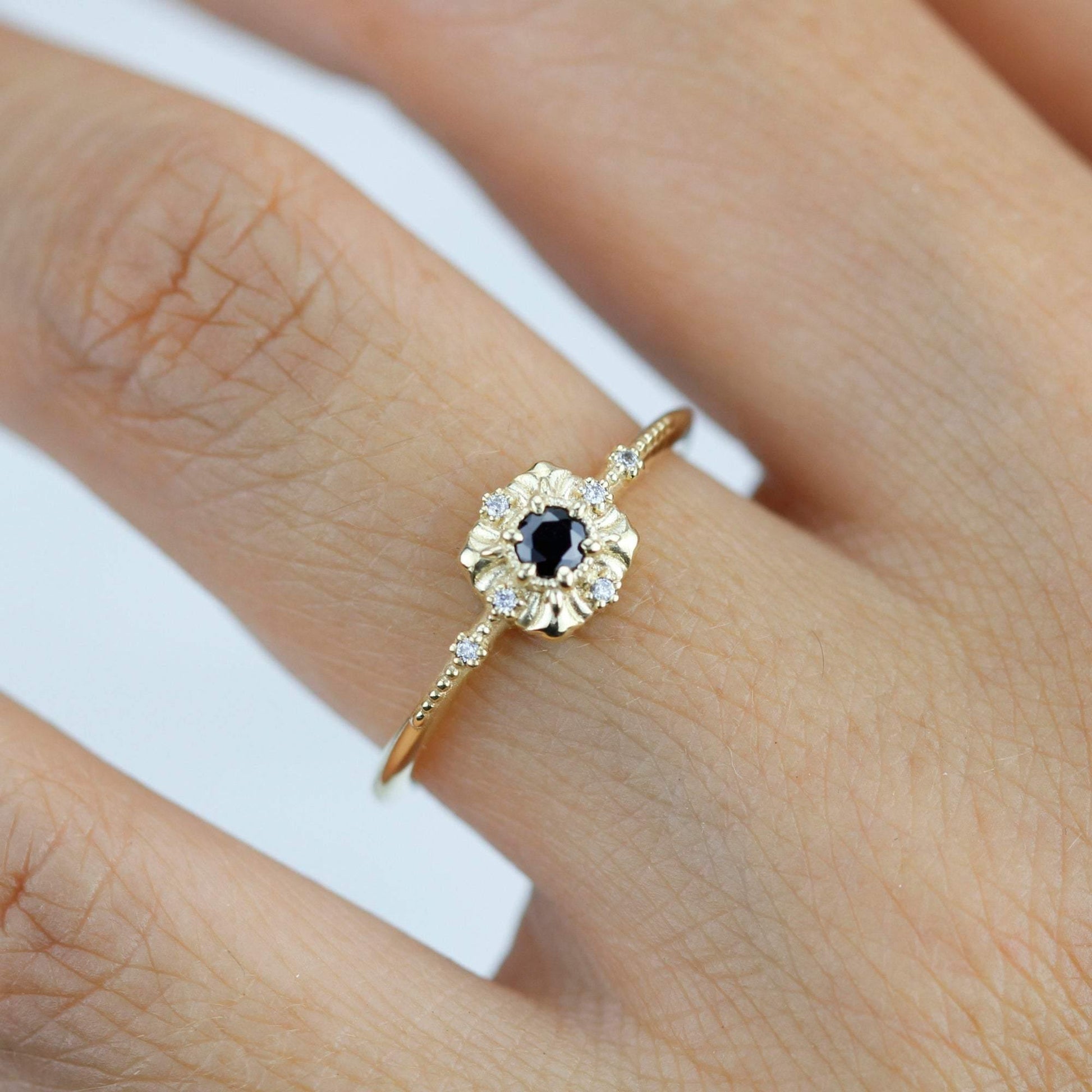 Unique round diamond engagement ring art deco, Simple diamond ring| R 309BD - NOOI JEWELRY