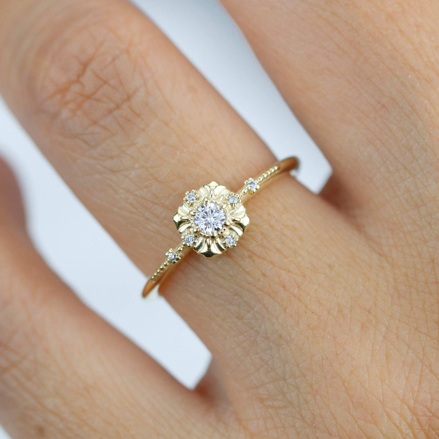 simple diamond rings engagement, unique round diamond engagement ring art deco | R 309WD - NOOI JEWELRY