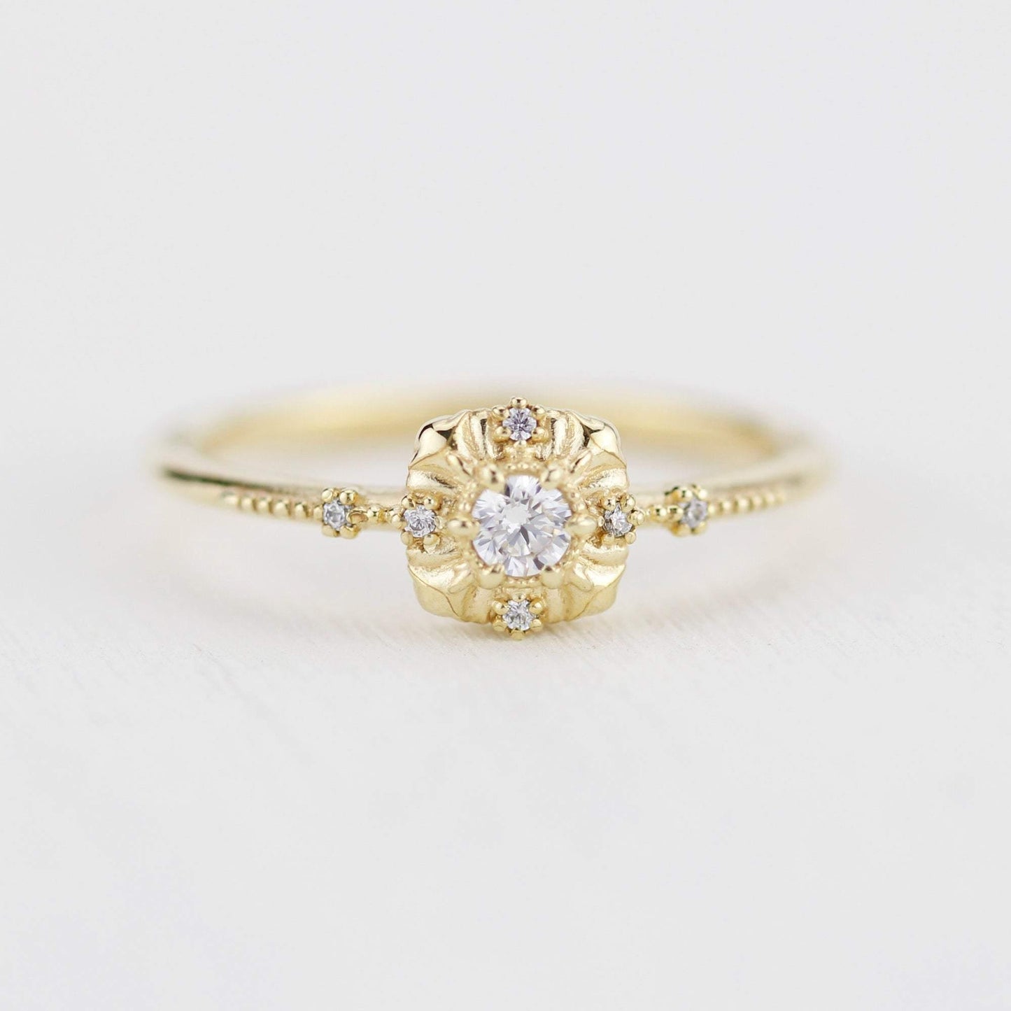 simple diamond rings engagement, unique round diamond engagement ring art deco | R 309WD - NOOI JEWELRY