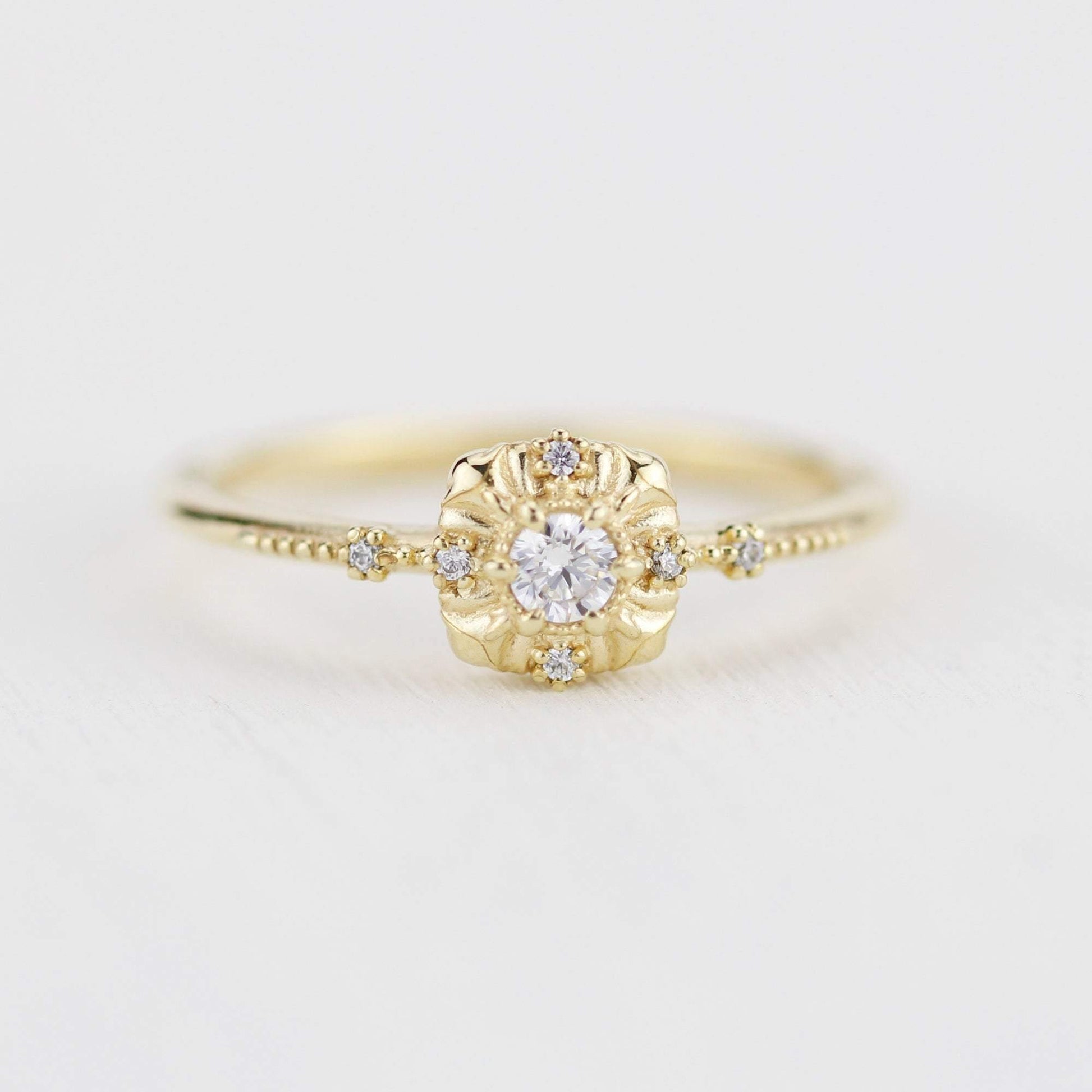 simple diamond rings engagement, unique round diamond engagement ring art deco | R 309WD - NOOI JEWELRY