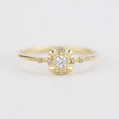 simple diamond rings engagement, unique round diamond engagement ring art deco | R 309WD - NOOI JEWELRY