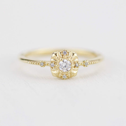 simple diamond rings engagement, unique round diamond engagement ring art deco | R 309WD - NOOI JEWELRY