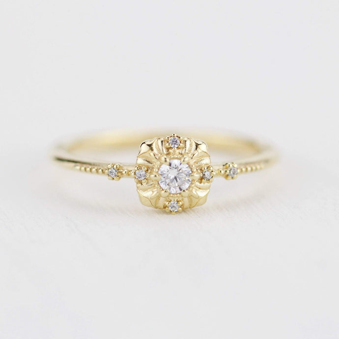 simple diamond rings engagement, unique round diamond engagement ring art deco | R 309WD - NOOI JEWELRY