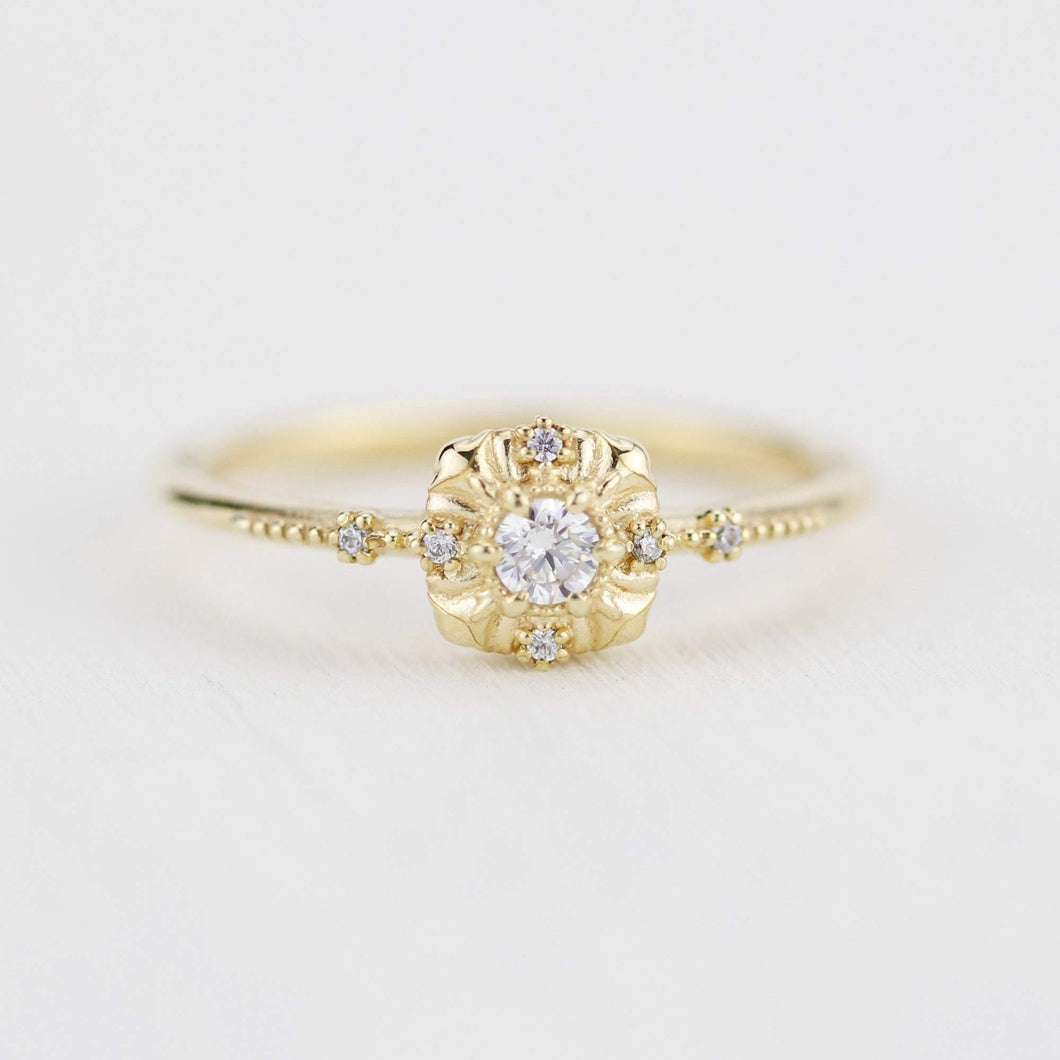 simple diamond rings engagement, unique round diamond engagement ring art deco | R 309WD - NOOI JEWELRY