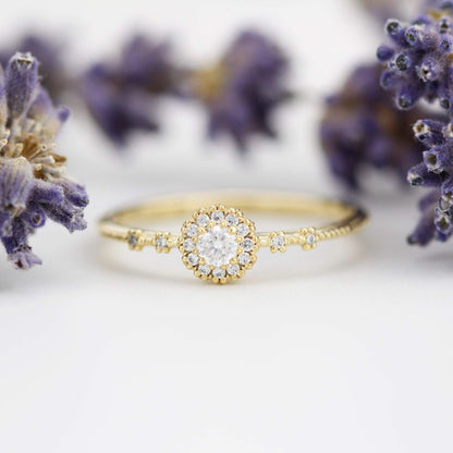 Delicate diamond ring simple |  halo engagement ring white diamond | R304WD - NOOI JEWELRY
