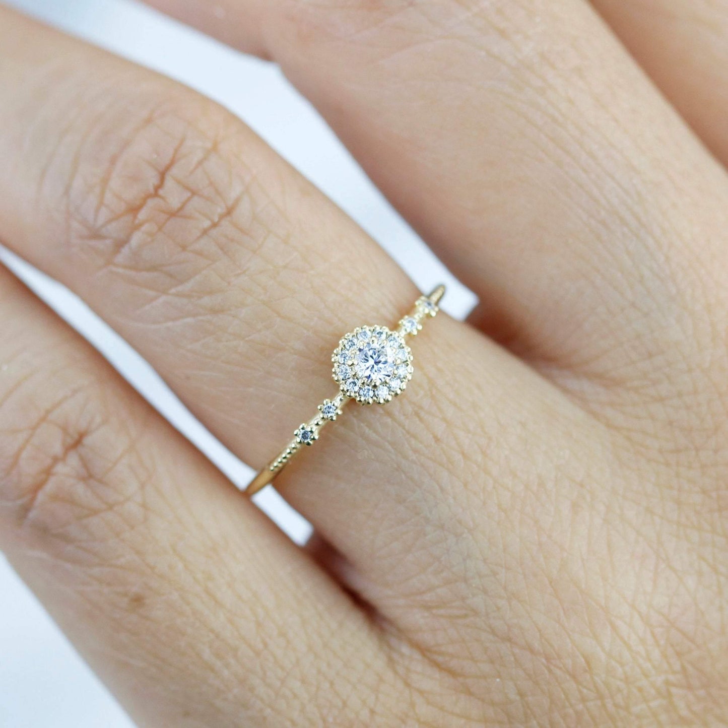 Delicate diamond ring simple |  halo engagement ring white diamond | R304WD - NOOI JEWELRY