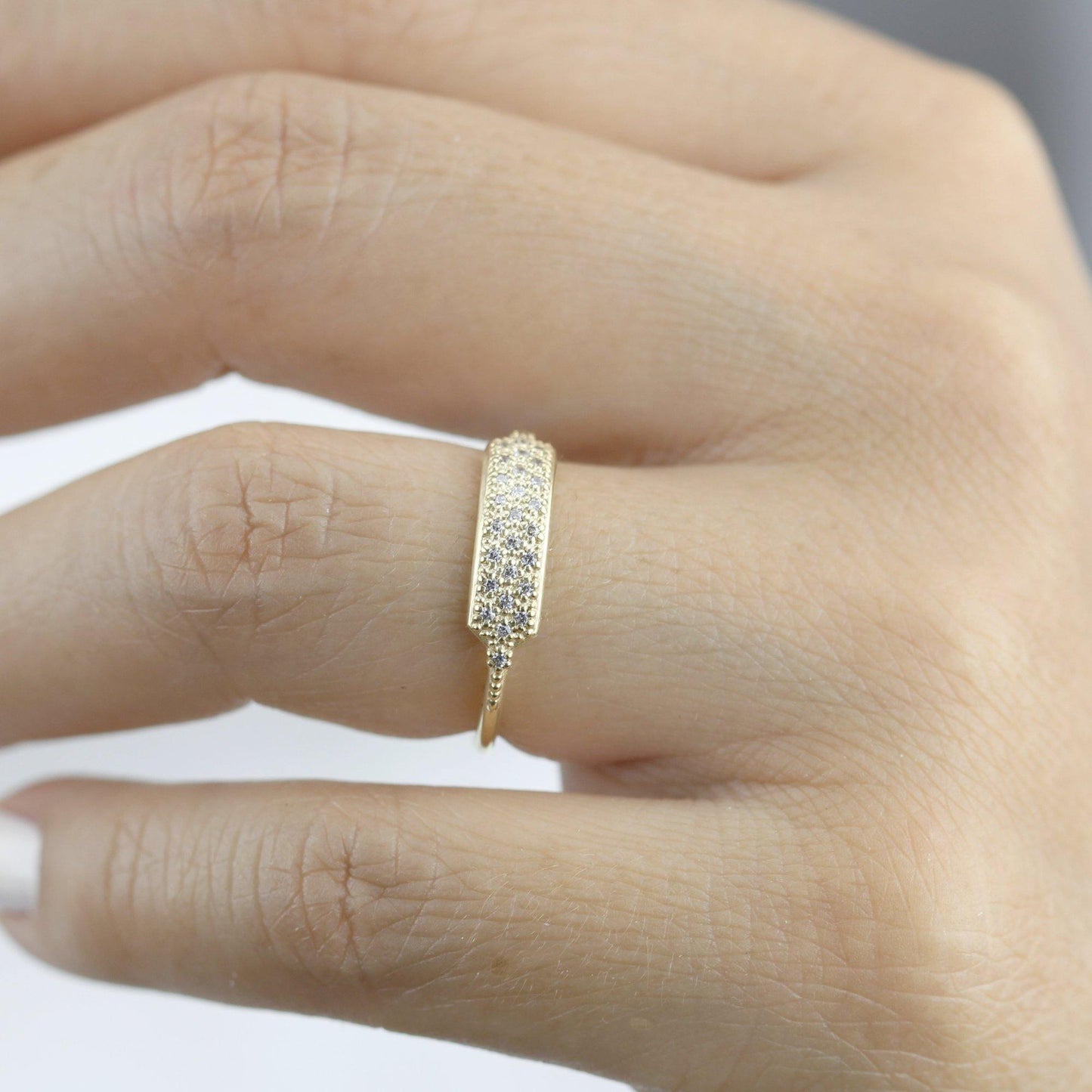 minimalist wedding band, unique diamond wedding bands, pave setting wedding band | R 306WD - NOOI JEWELRY