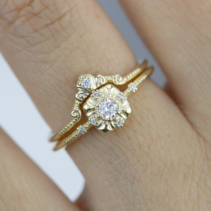Yellow Gold Vintage Black Pearl Bridal Ring Set VBP10016S