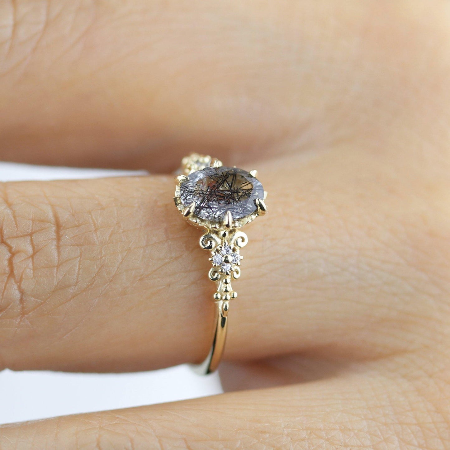 Oval engagement ring black rutile and diamonds | R265RUT - NOOI JEWELRY