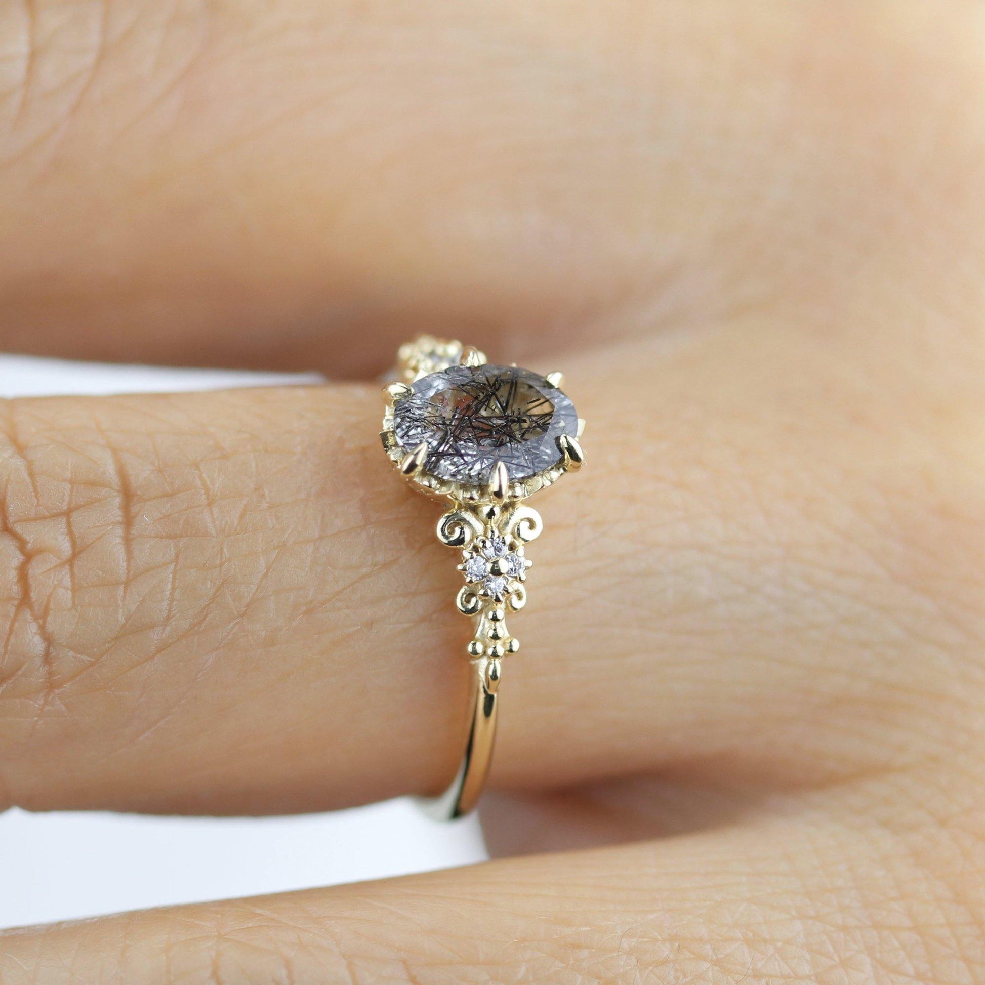 Oval engagement ring black rutile and diamonds | R265RUT - NOOI JEWELRY