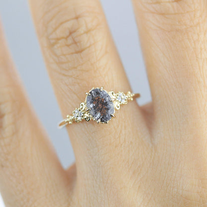 Oval engagement ring black rutile and diamonds | R265RUT - NOOI JEWELRY