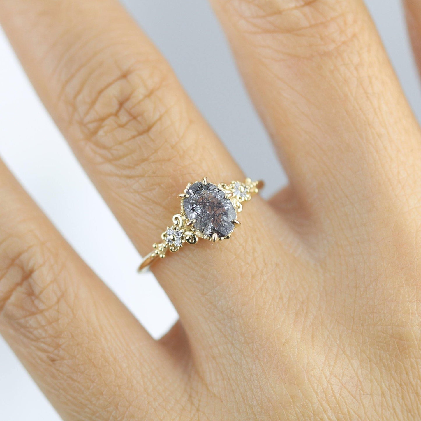 Oval engagement ring black rutile and diamonds | R265RUT - NOOI JEWELRY