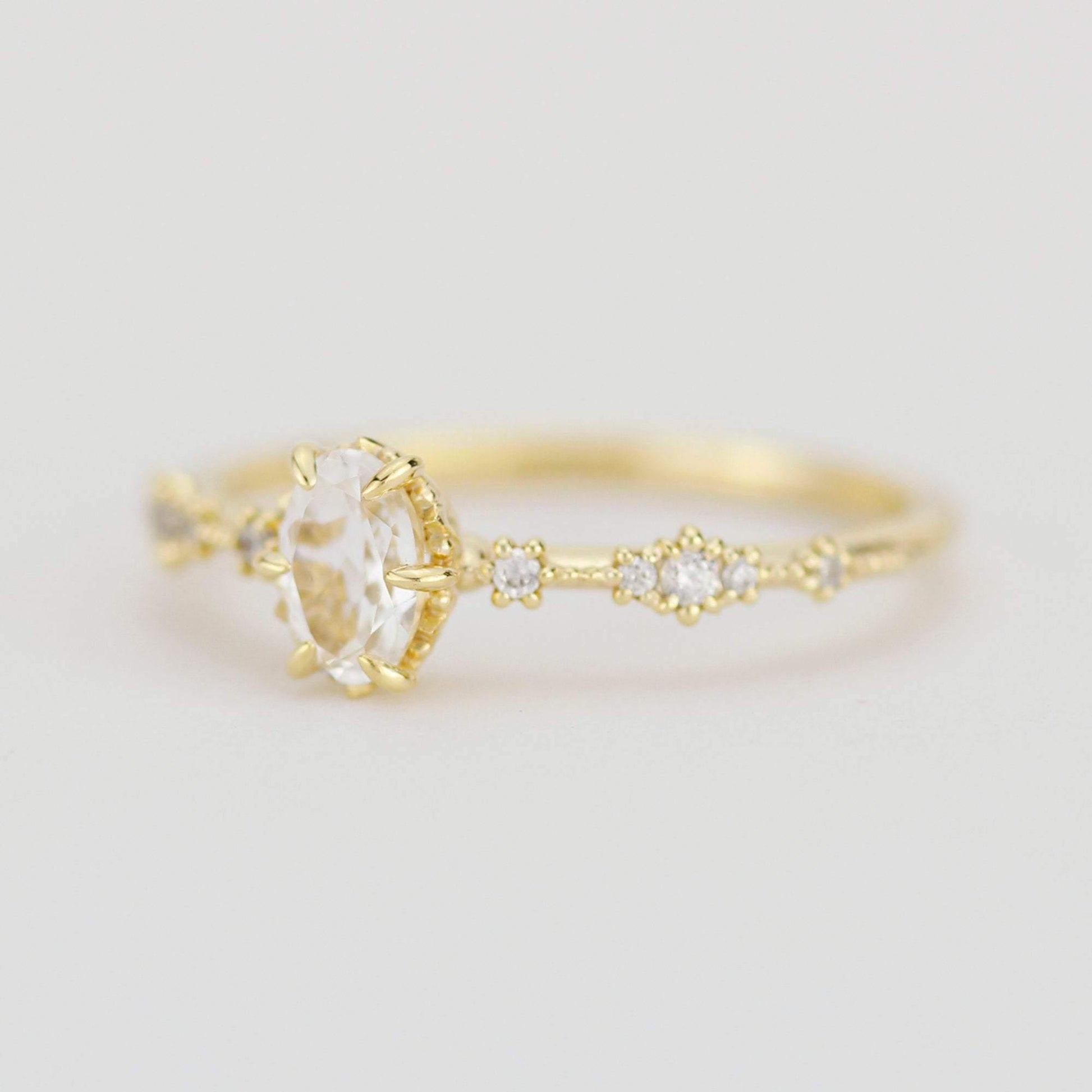 Oval engagement ring, white topaz Lace diamond engagement ring, dainty engagement ring | R322WT - NOOI JEWELRY