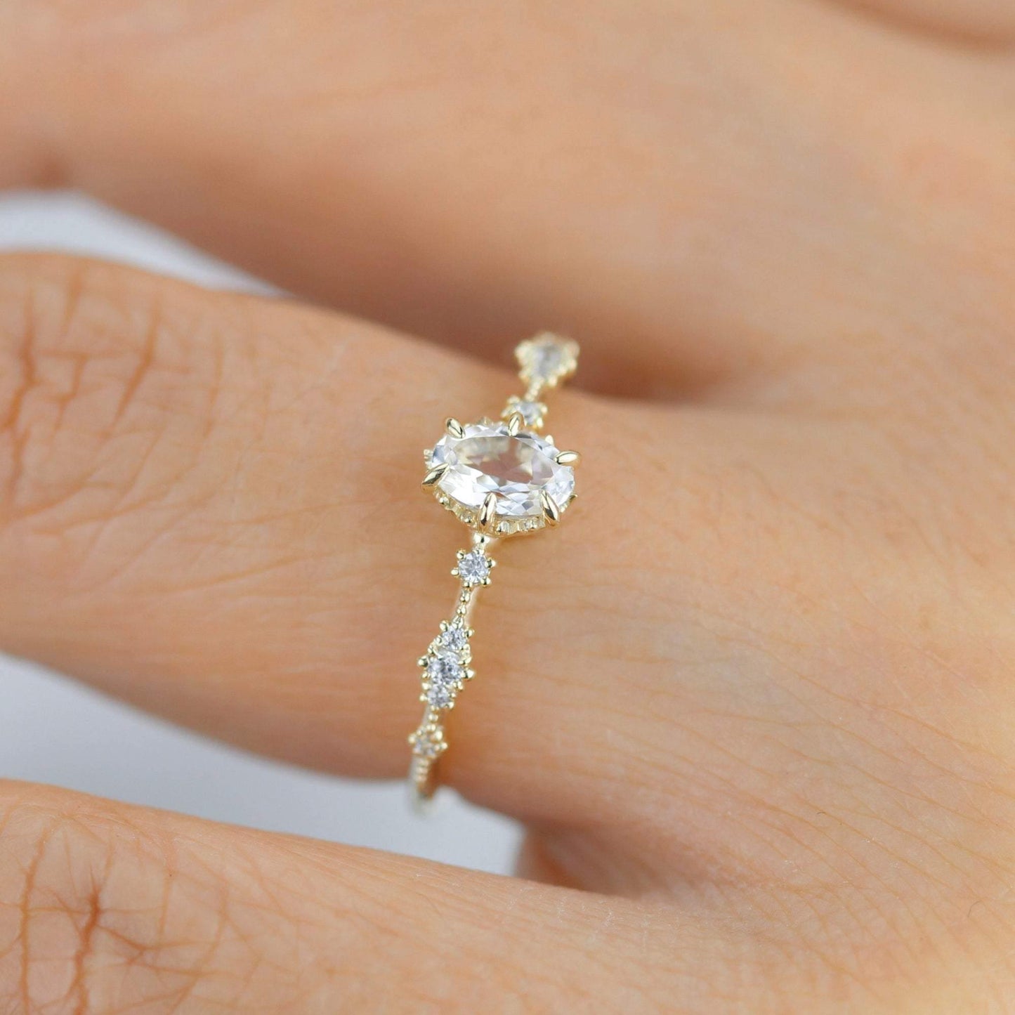Oval engagement ring, white topaz Lace diamond engagement ring, dainty engagement ring | R322WT - NOOI JEWELRY