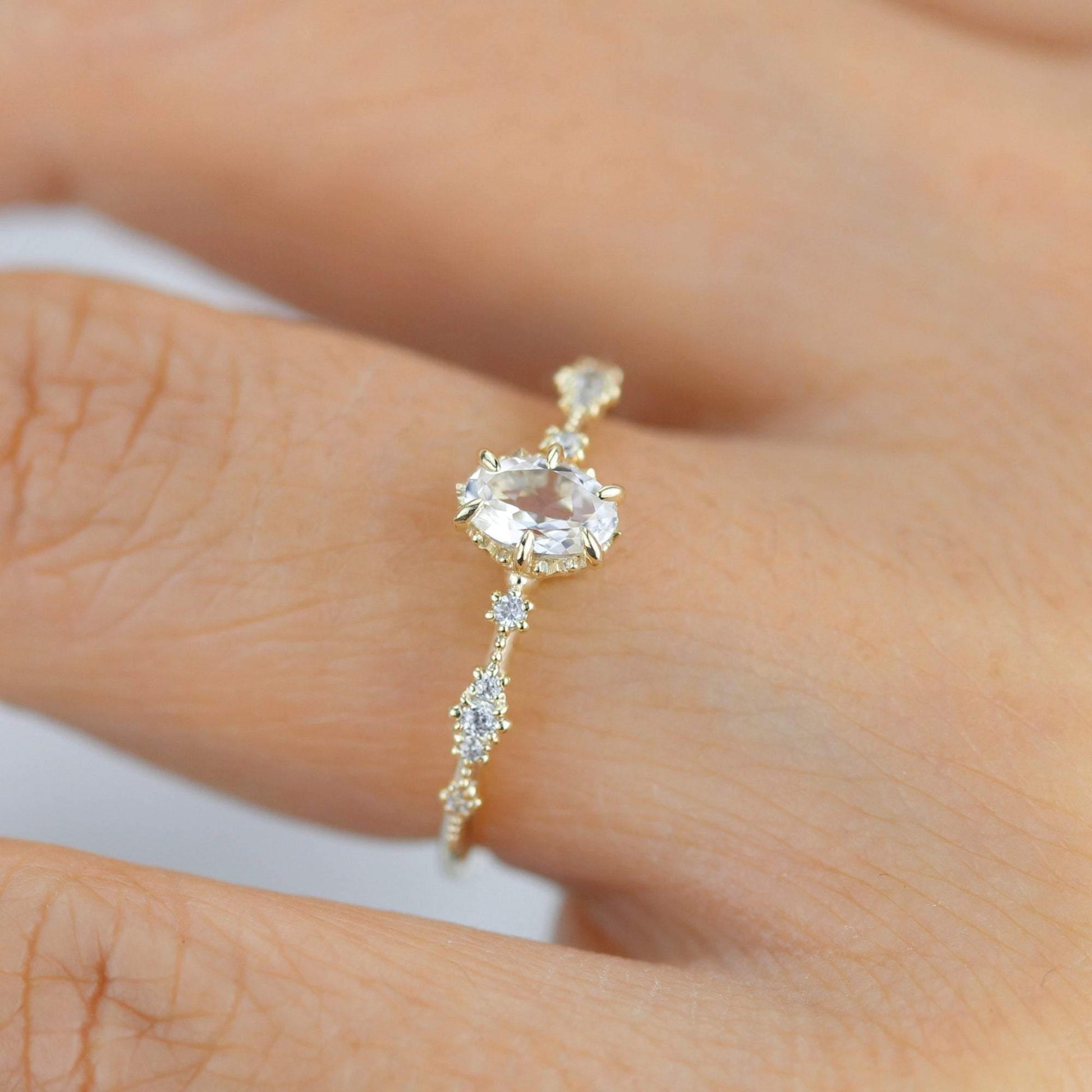 Oval engagement ring, white topaz Lace diamond engagement ring, dainty engagement ring | R322WT - NOOI JEWELRY
