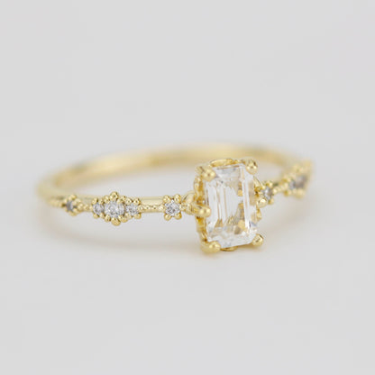 Lace diamond ring, engagement ring diamond and white topaz simple, white topaz emerald cut promise ring |R326WT