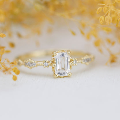 Lace diamond ring, engagement ring diamond and white topaz simple, white topaz emerald cut promise ring |R326WT