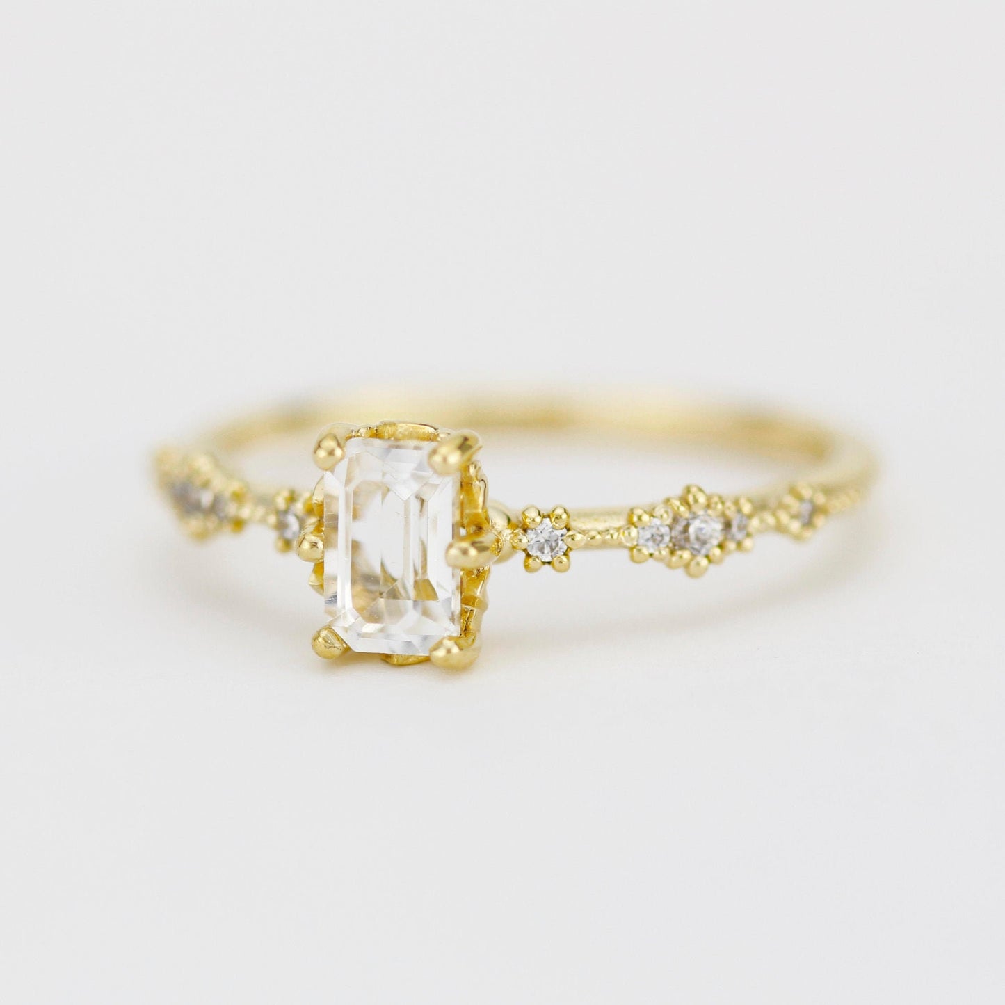 Lace diamond ring, engagement ring diamond and white topaz simple, white topaz emerald cut promise ring |R326WT