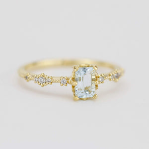 6x4 Emerald cut aquamarine and diamond engagement ring |  R326AQ - NOOI JEWELRY