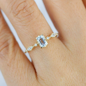 6x4 Emerald cut aquamarine and diamond engagement ring |  R326AQ - NOOI JEWELRY