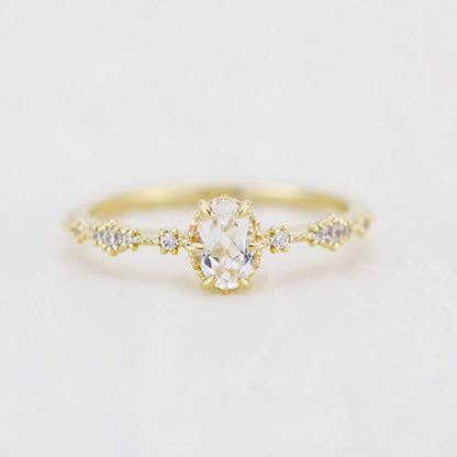 Oval engagement ring, white topaz Lace diamond engagement ring, dainty engagement ring | R322WT - NOOI JEWELRY