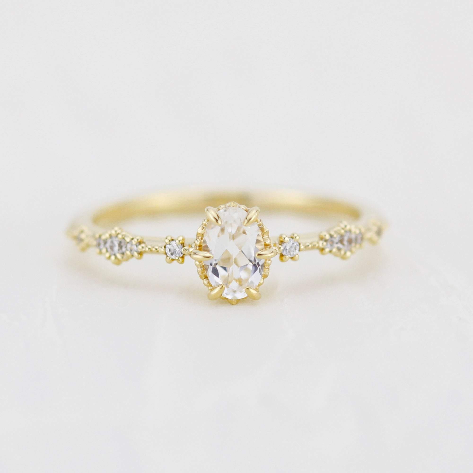 Oval engagement ring, white topaz Lace diamond engagement ring, dainty