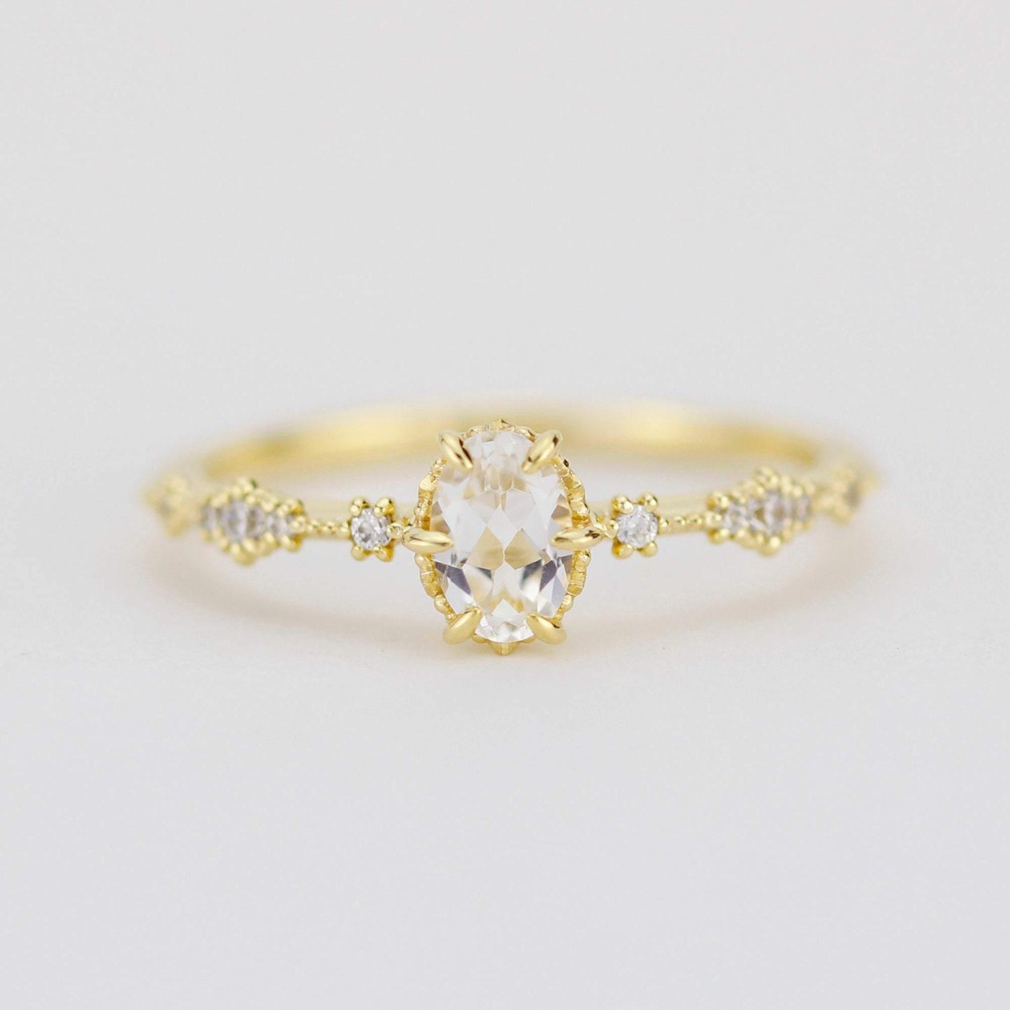 Oval engagement ring, white topaz Lace diamond engagement ring, dainty engagement ring | R322WT - NOOI JEWELRY