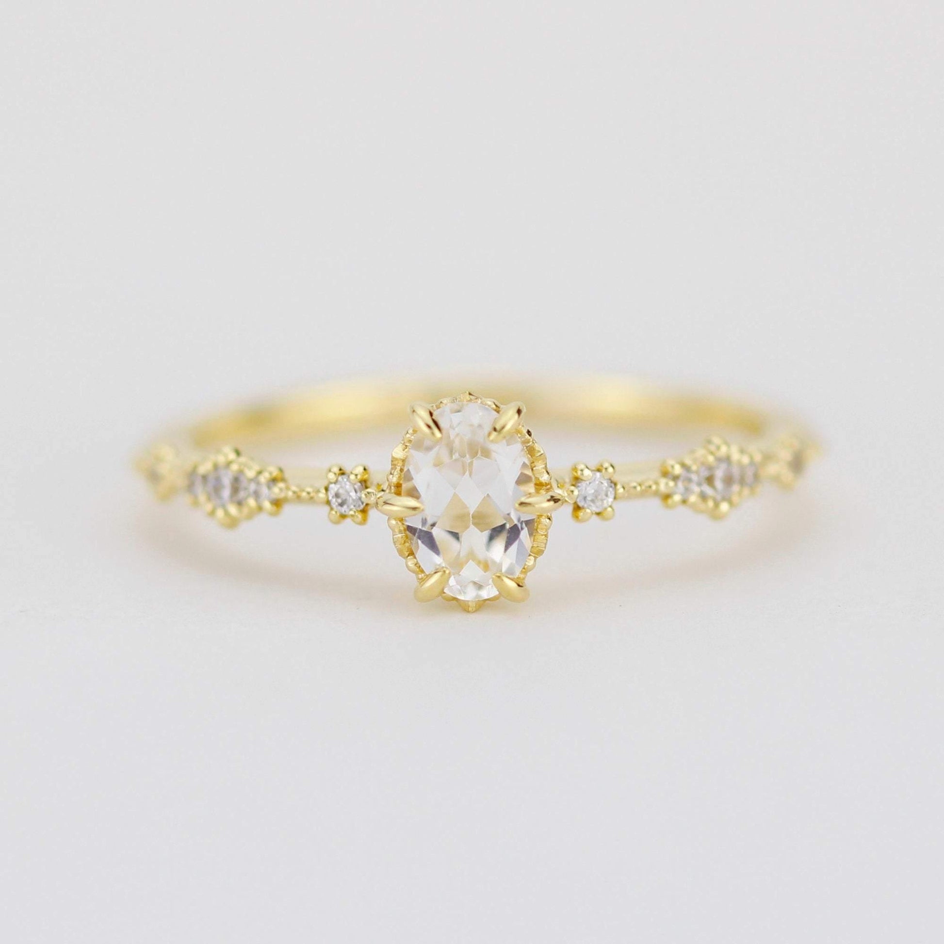 Oval engagement ring, white topaz Lace diamond engagement ring, dainty engagement ring | R322WT - NOOI JEWELRY
