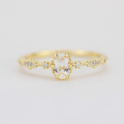 Oval engagement ring, white topaz Lace diamond engagement ring, dainty engagement ring | R322WT - NOOI JEWELRY