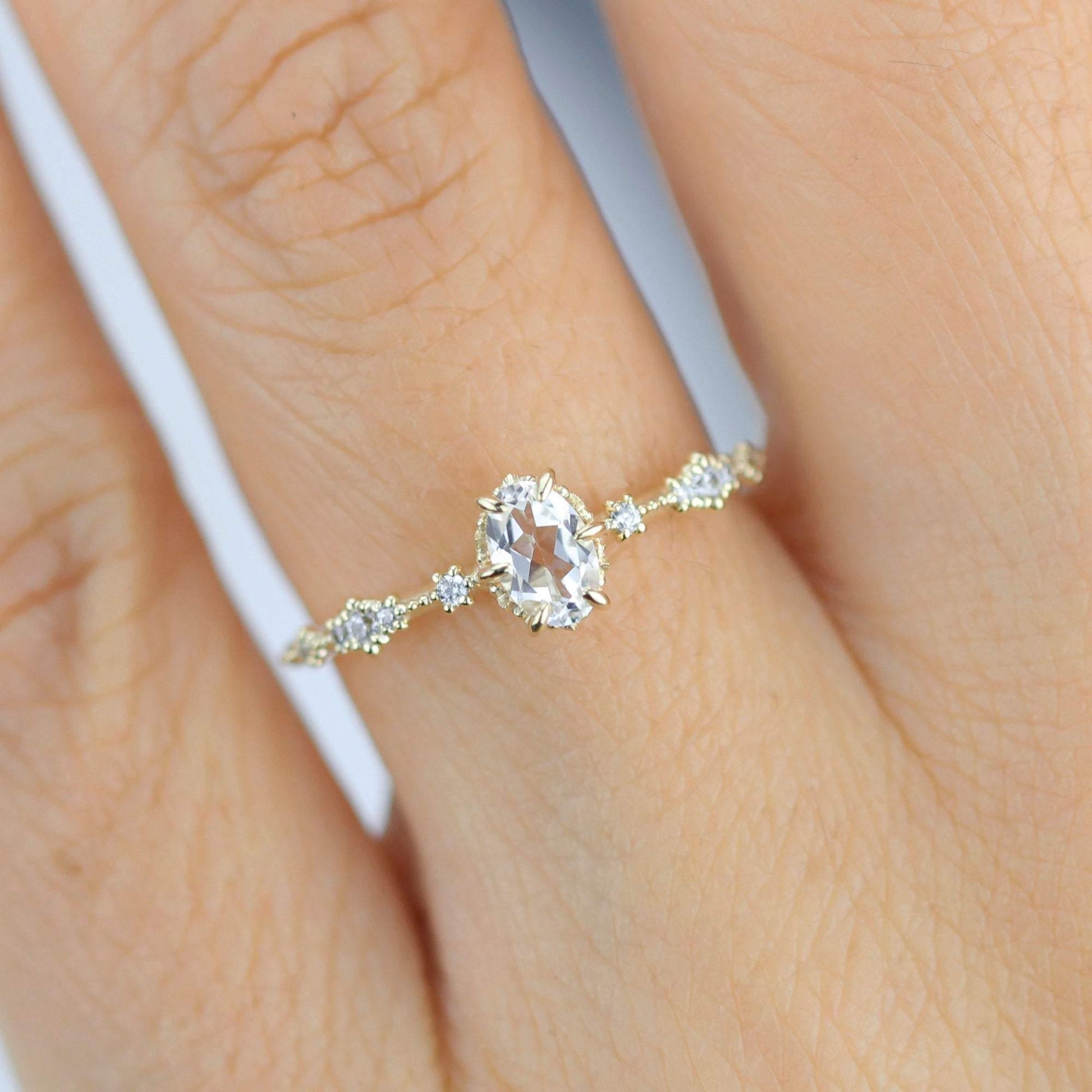 Oval engagement ring, white topaz Lace diamond engagement ring, dainty engagement ring | R322WT - NOOI JEWELRY