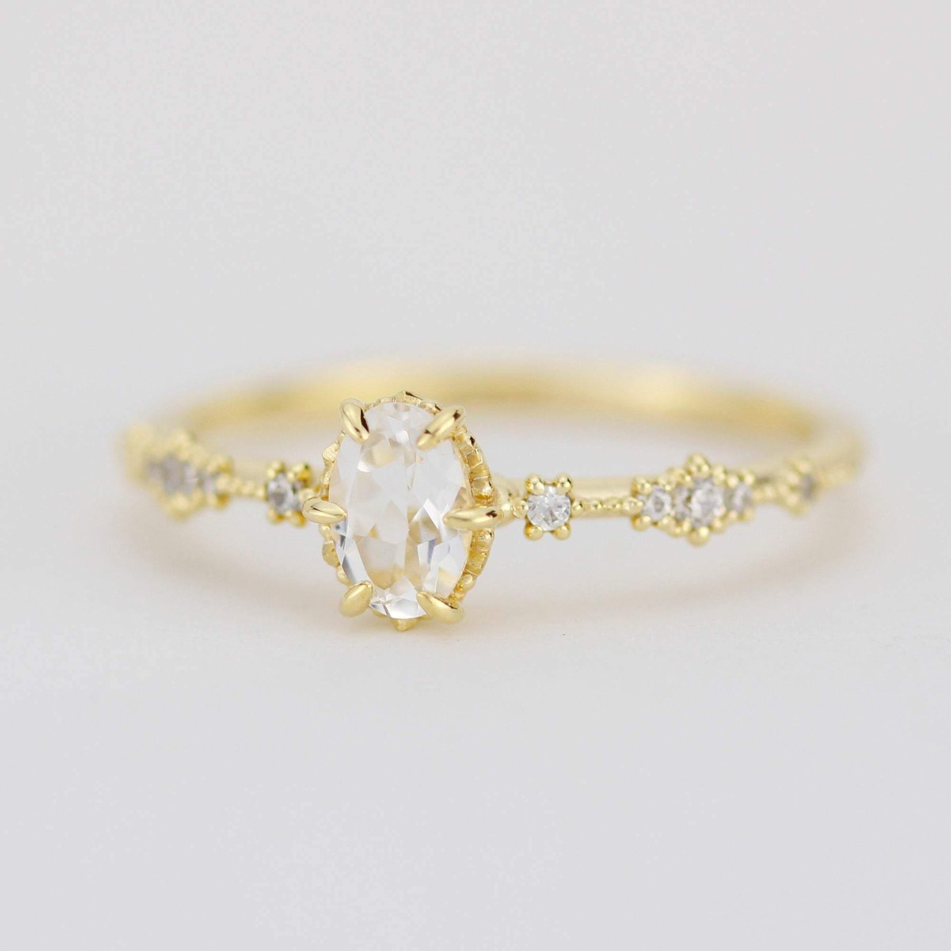 Oval engagement ring, white topaz Lace diamond engagement ring, dainty engagement ring | R322WT - NOOI JEWELRY