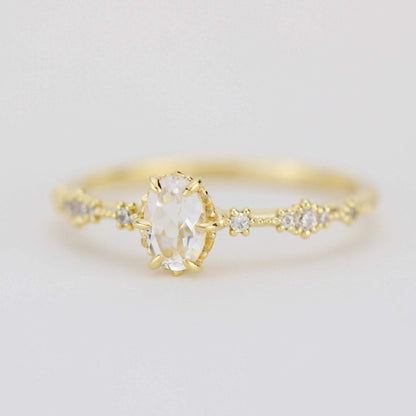 Oval engagement ring, white topaz Lace diamond engagement ring, dainty engagement ring | R322WT - NOOI JEWELRY