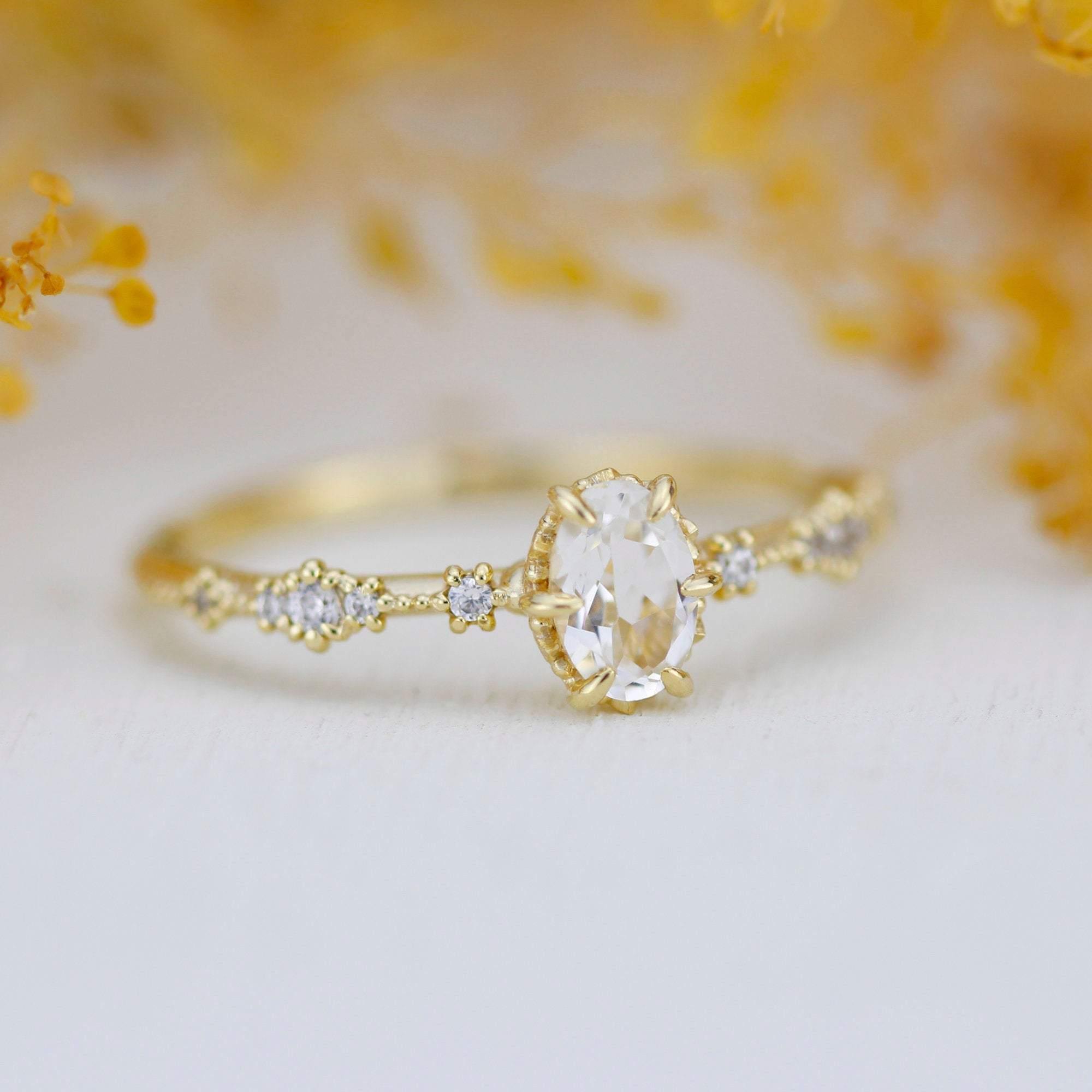 Oval engagement ring, white topaz Lace diamond engagement ring, dainty