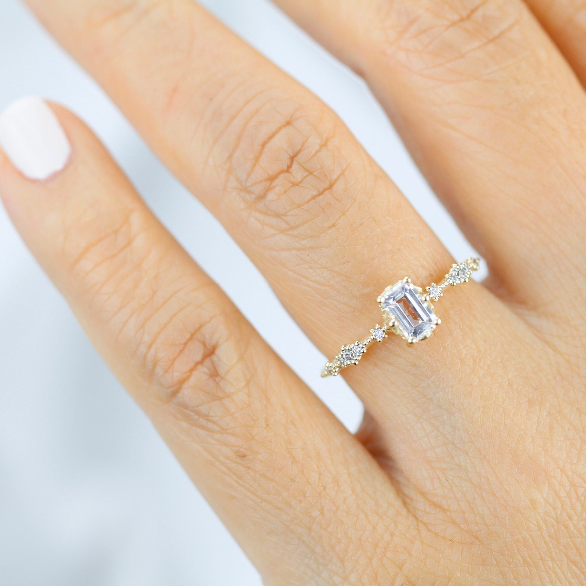 Lace diamond ring, engagement ring diamond and white topaz simple, white topaz emerald cut promise ring |R326WT