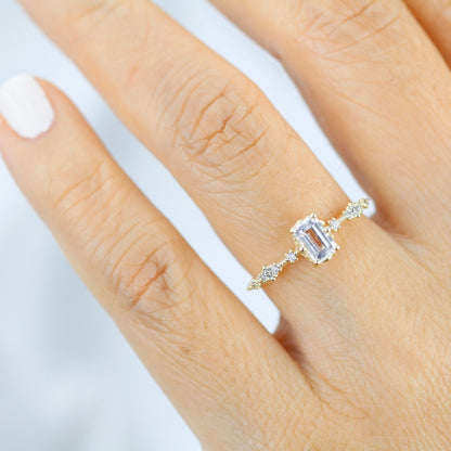 Lace diamond ring, engagement ring diamond and white topaz simple, white topaz emerald cut promise ring |R326WT