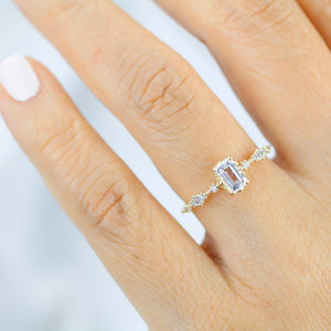 Lace diamond ring, engagement ring diamond and white topaz simple, white topaz emerald cut promise ring |R326WT