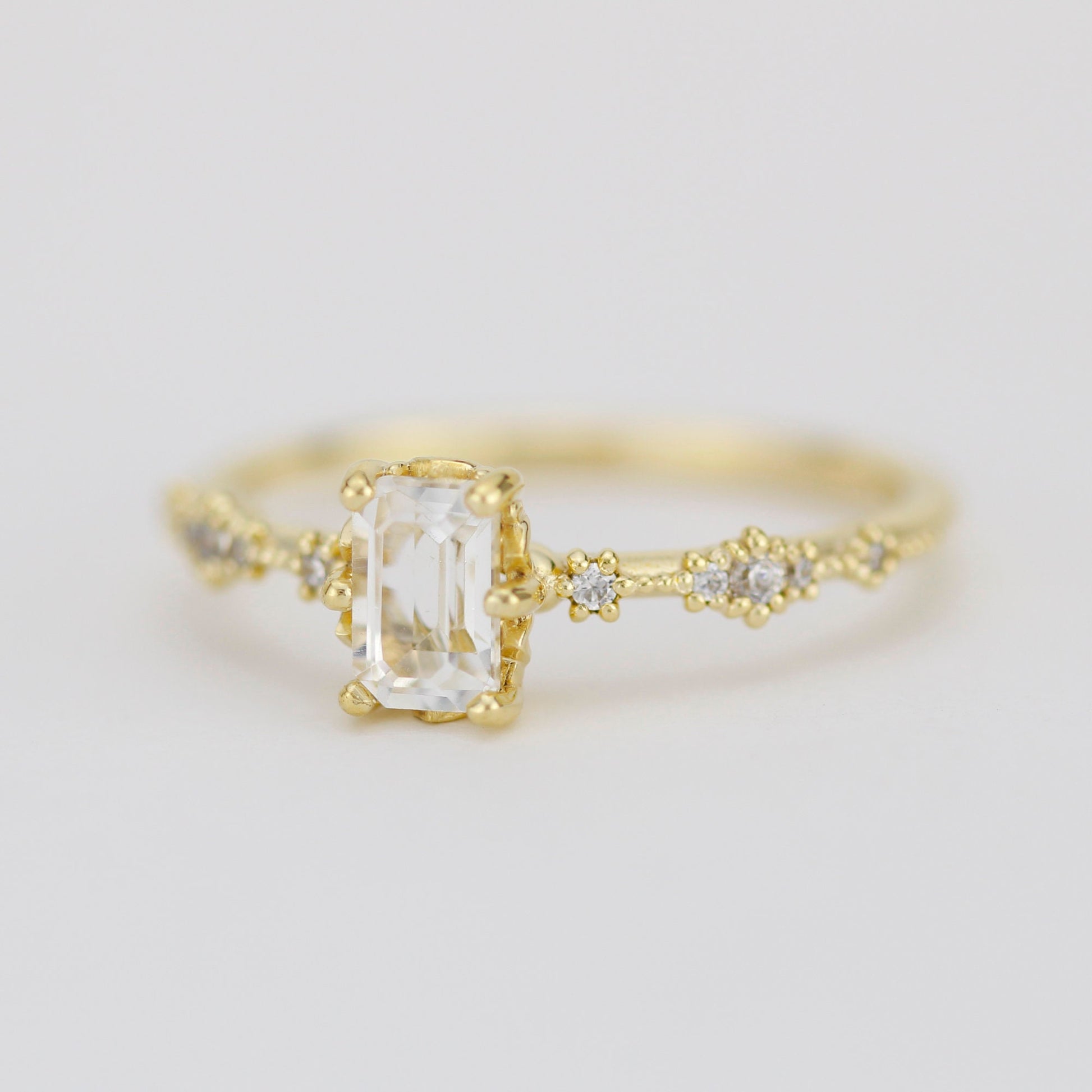 Lace diamond ring, engagement ring diamond and white topaz simple, white topaz emerald cut promise ring |R326WT